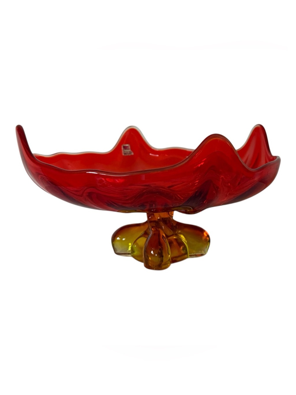 VINTAGE MCM NWT Viking Glass Epic Four Foils Square Amberina Footed Dish 1960s